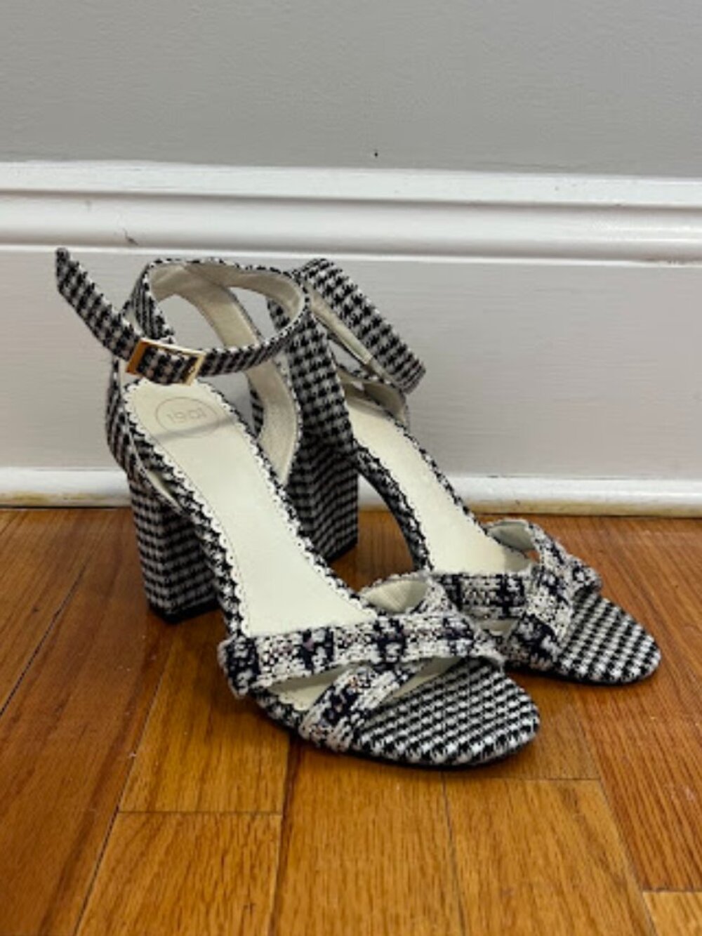 1901 Open Toe Block High Heel Dress Shoes, Black/White Pattern - Size 7.5